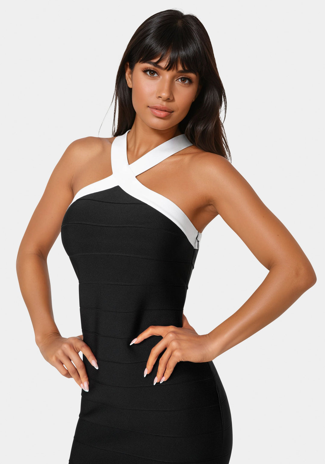 Bebe Women's Halter Bandage Dress, Size Large in Black Polyester/Elastane Bebe Women's Halter Bandage Dress, Size Large in Black Polyester/Elastane