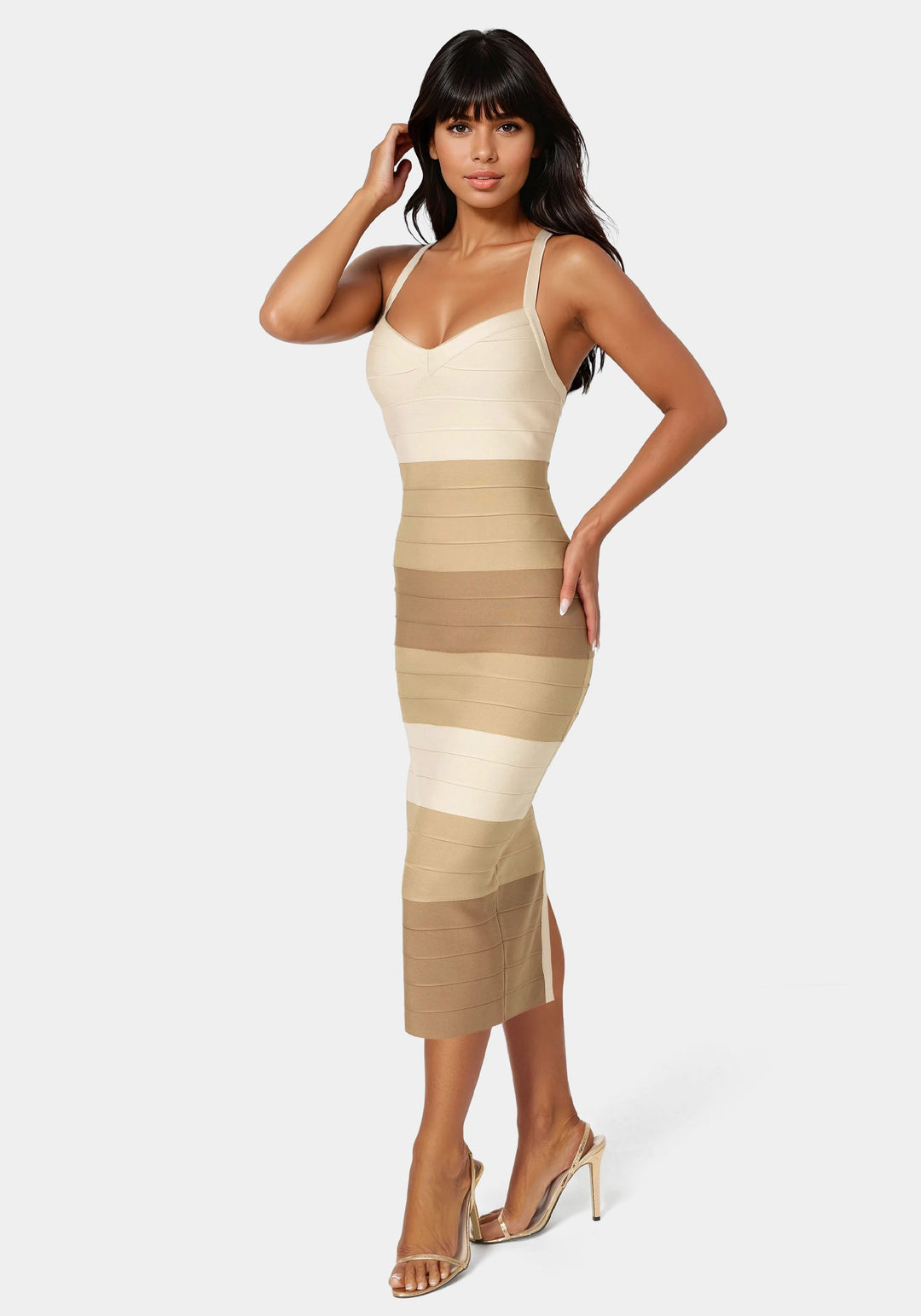 Side View-ColorBlock Bandage Midi Dress-BROWN MULTI