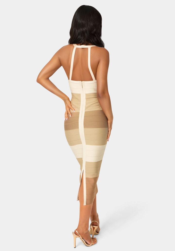 Back View-ColorBlock Bandage Midi Dress-BROWN MULTI