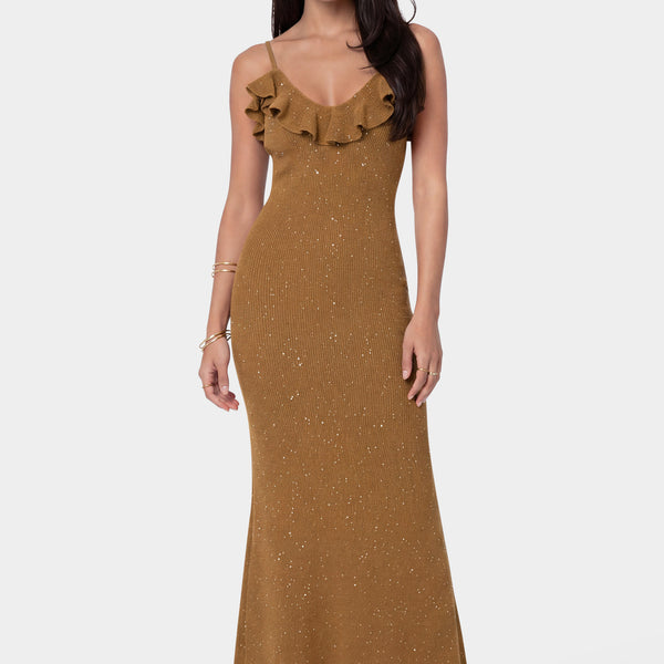 Front View - Sequin Crochet Ruffle Neck Maxi Dress
