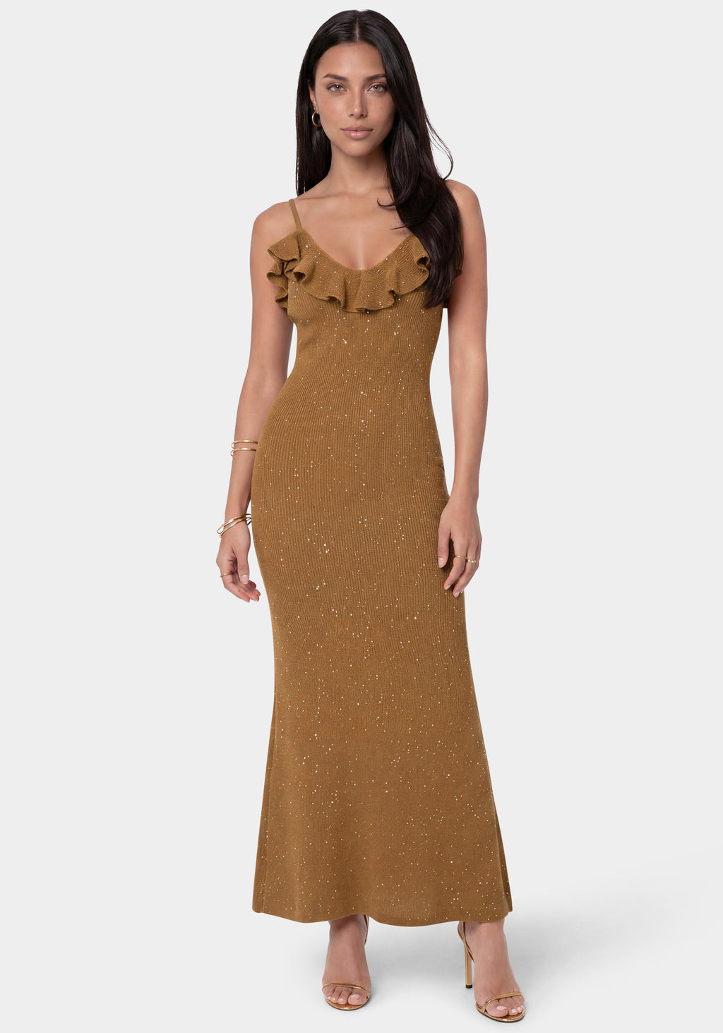 Front View - Sequin Crochet Ruffle Neck Maxi Dress