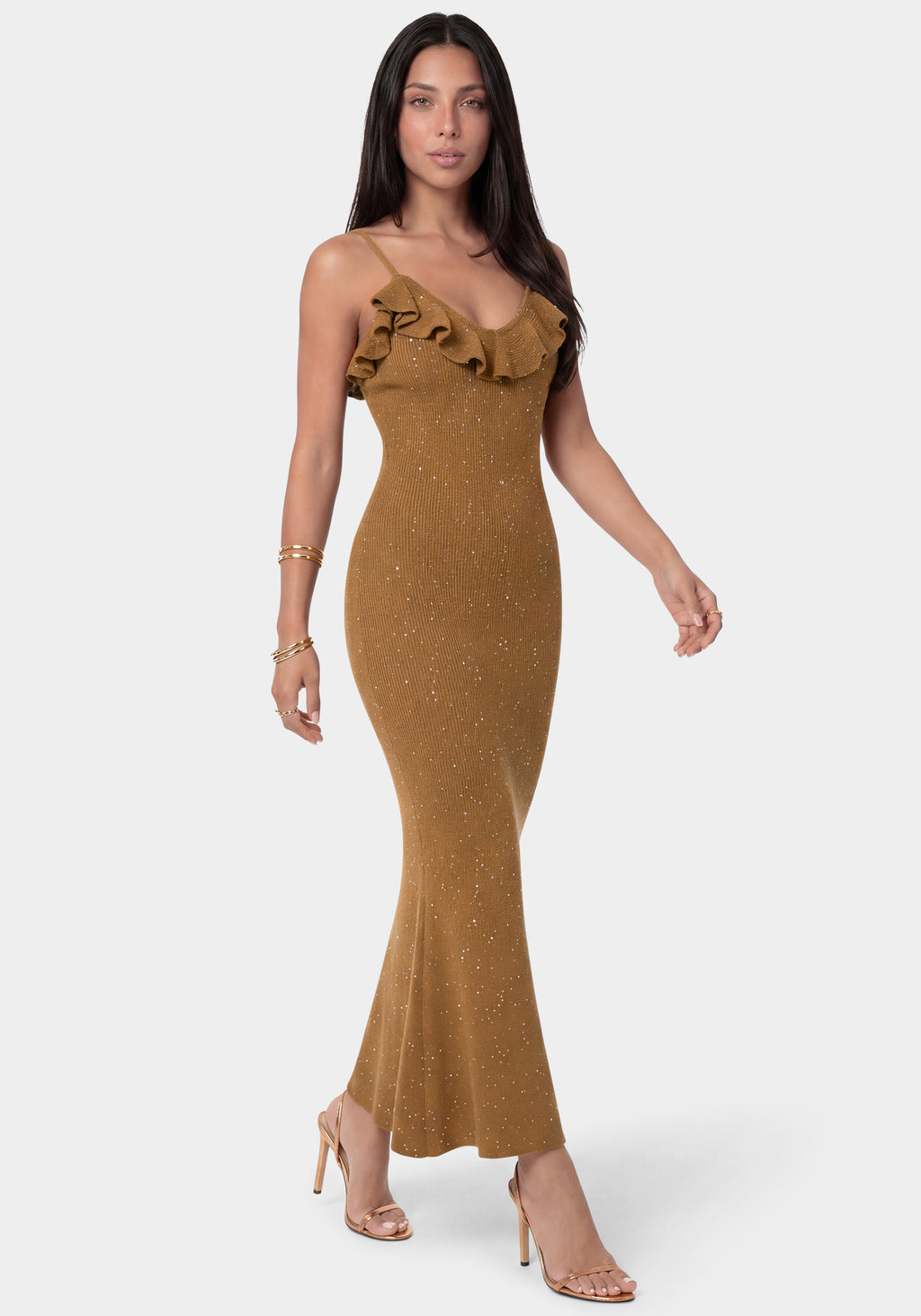 Bebe Women's Sequin Crochet Ruffle Neck Gown, Size Medium in Gold Polyester