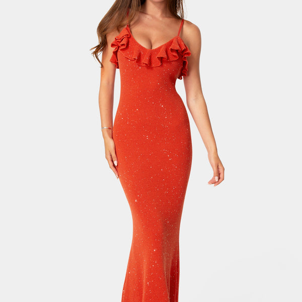 Front View-Sequin Crochet Ruffle Neck Gown-Red