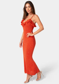 Side View-Sequin Crochet Ruffle Neck Gown-Red
