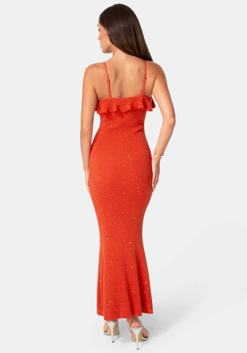 Back View-Sequin Crochet Ruffle Neck Gown-Red