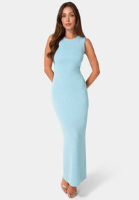 Front View-Boatneck Lurex Crochet Maxi Dress-Light Blue