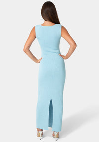 Back View-Boatneck Lurex Crochet Maxi Dress-Light Blue