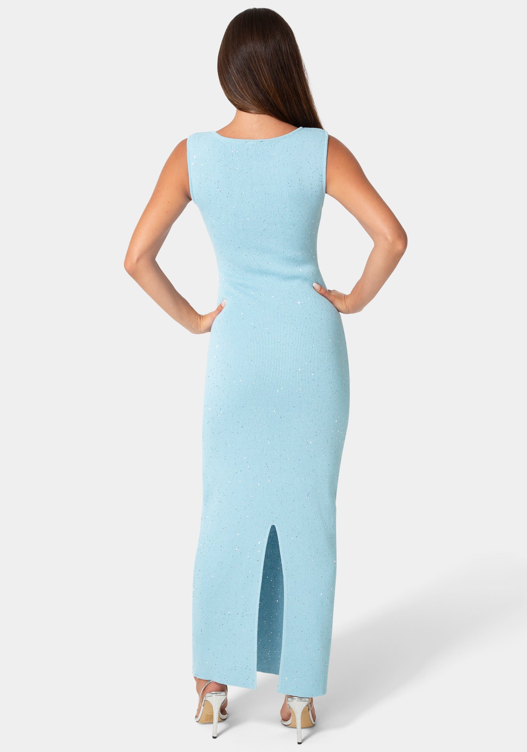 Back View-Boatneck Lurex Crochet Maxi Dress-Light Blue