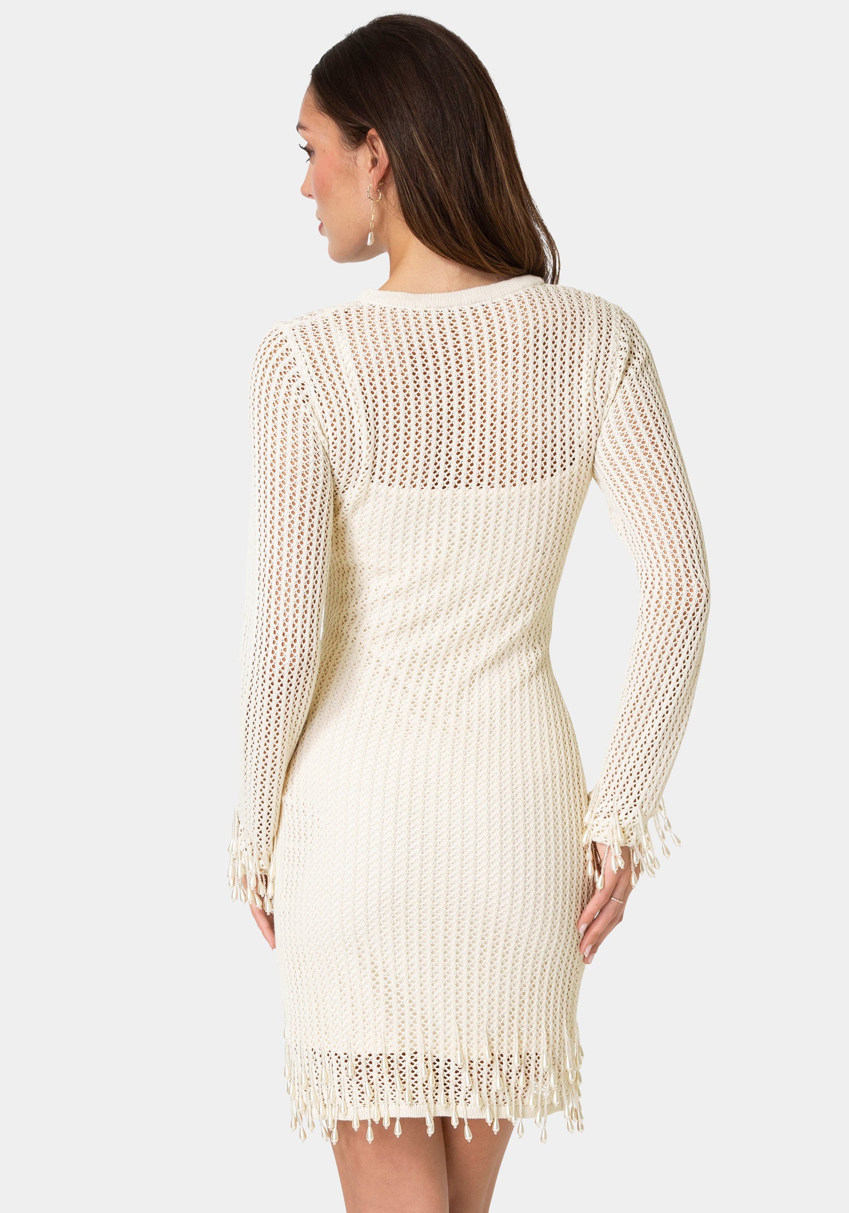Back View-Pearl Embellished Crochet Mini Dress-Shell