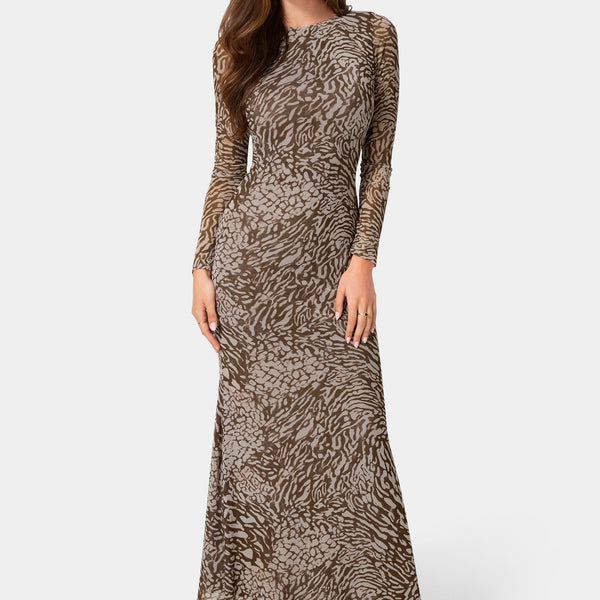 Front View-Long Sleeve Mesh Maxi Dress-Animal