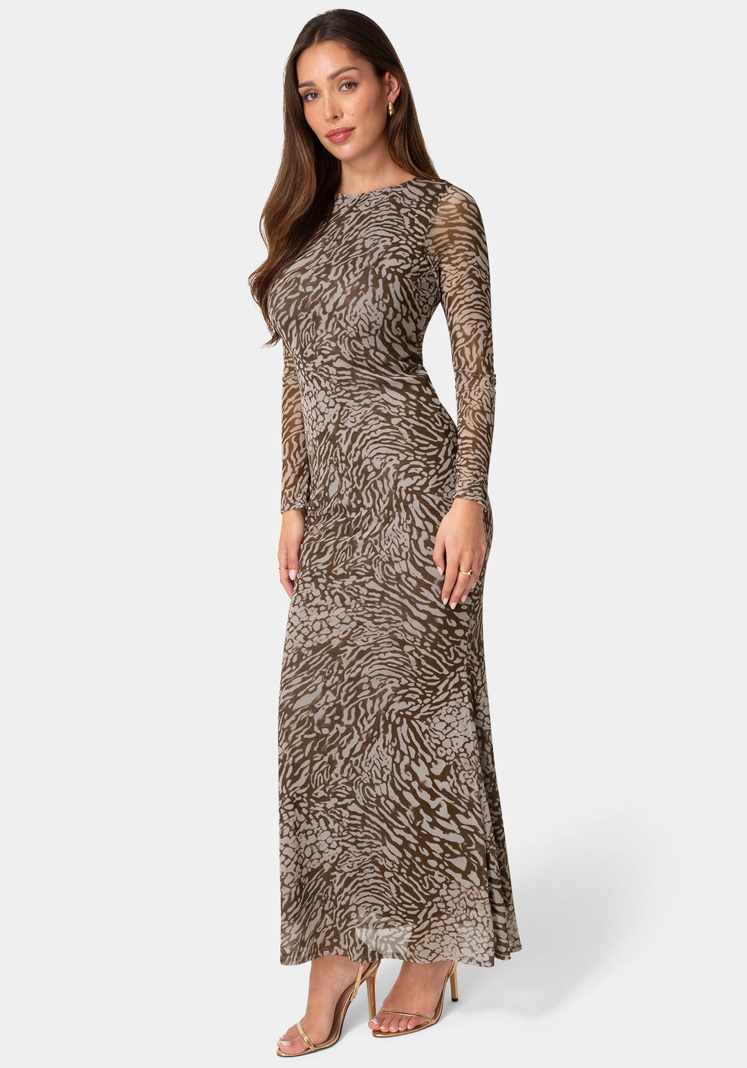 Side View-Long Sleeve Mesh Maxi Dress-Animal