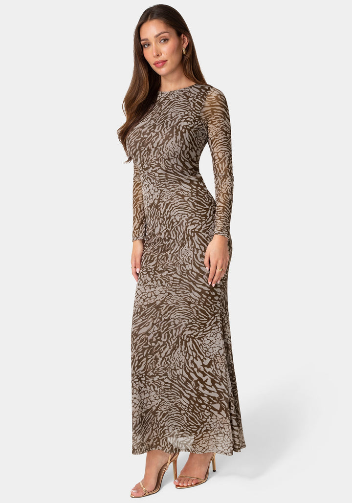 Side View-Long Sleeve Mesh Maxi Dress-Animal