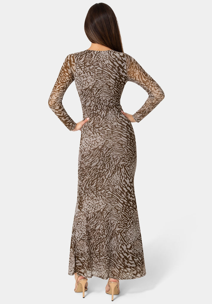 Back View-Long Sleeve Mesh Maxi Dress-Animal