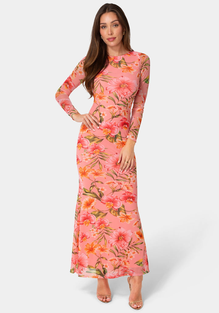 Front View-Long Sleeve Mesh Maxi Dress-Pink/Orange