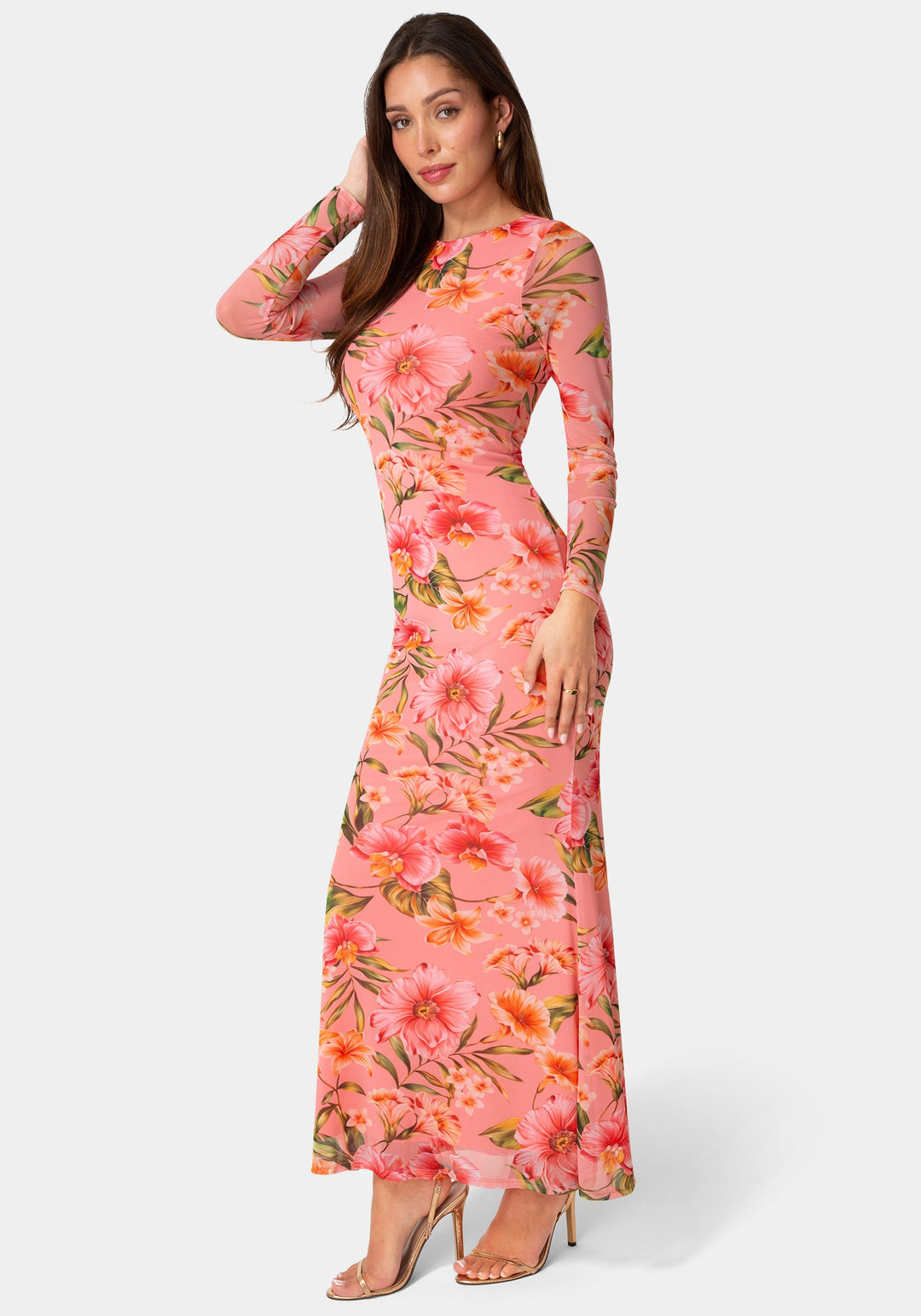 Side View-Long Sleeve Mesh Maxi Dress-Pink/Orange