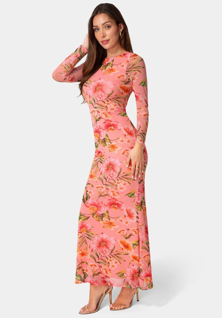 Side View-Long Sleeve Mesh Maxi Dress-Pink/Orange