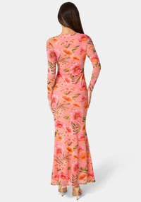 Back View-Long Sleeve Mesh Maxi Dress-Pink/Orange