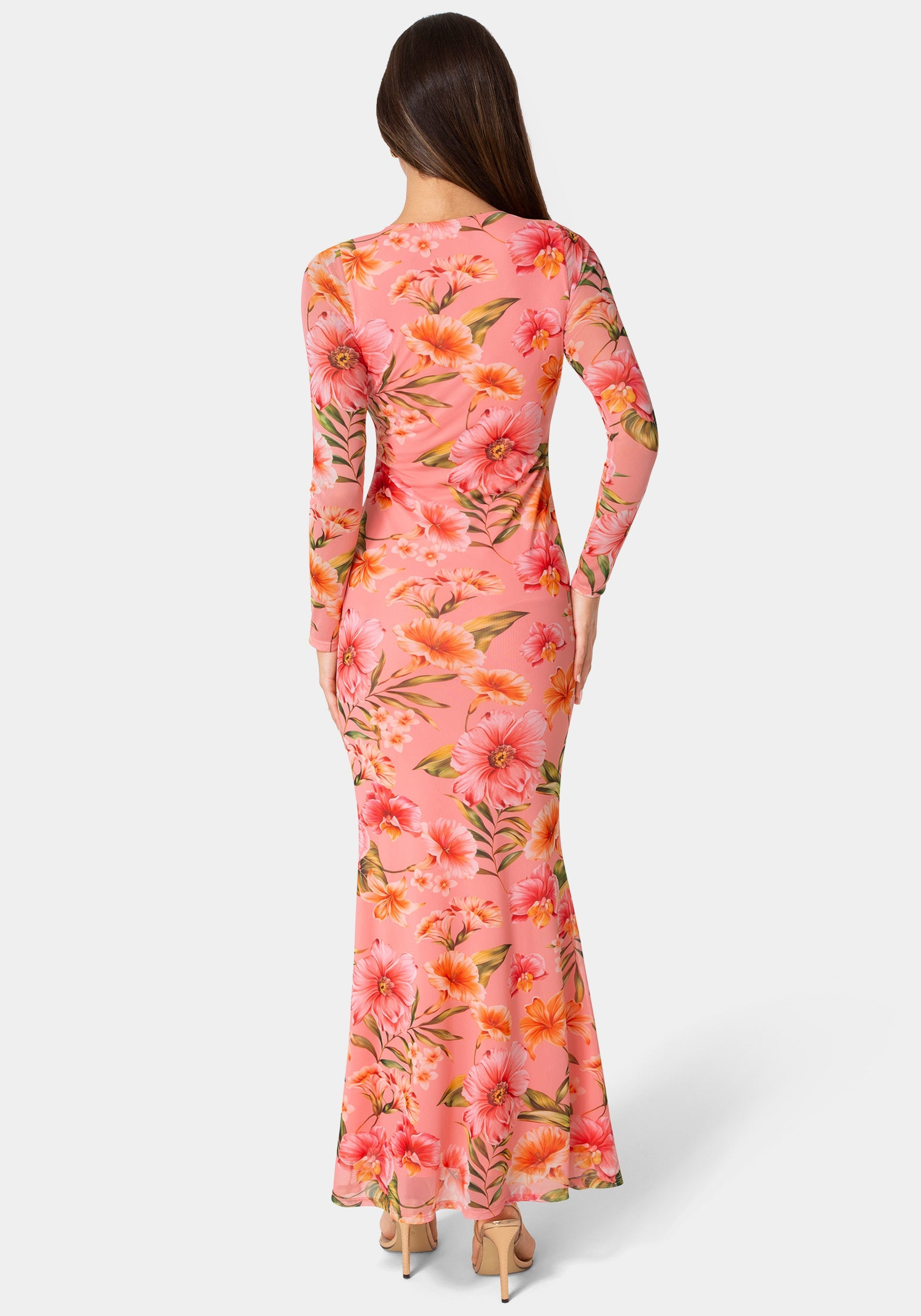 Back View-Long Sleeve Mesh Maxi Dress-Pink/Orange