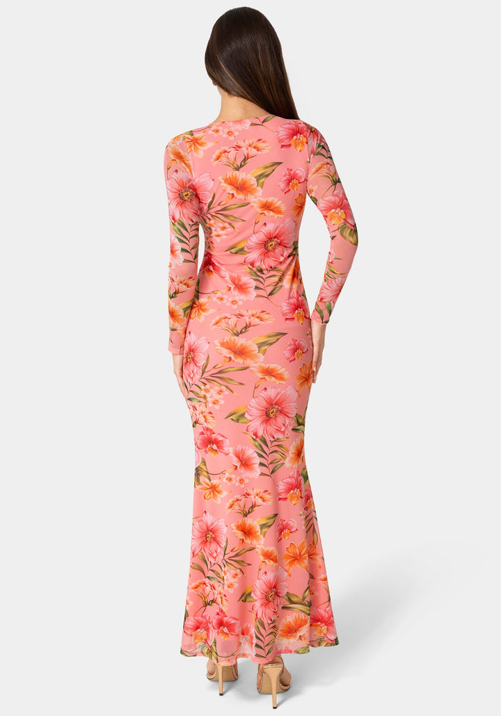 Back View-Long Sleeve Mesh Maxi Dress-Pink/Orange