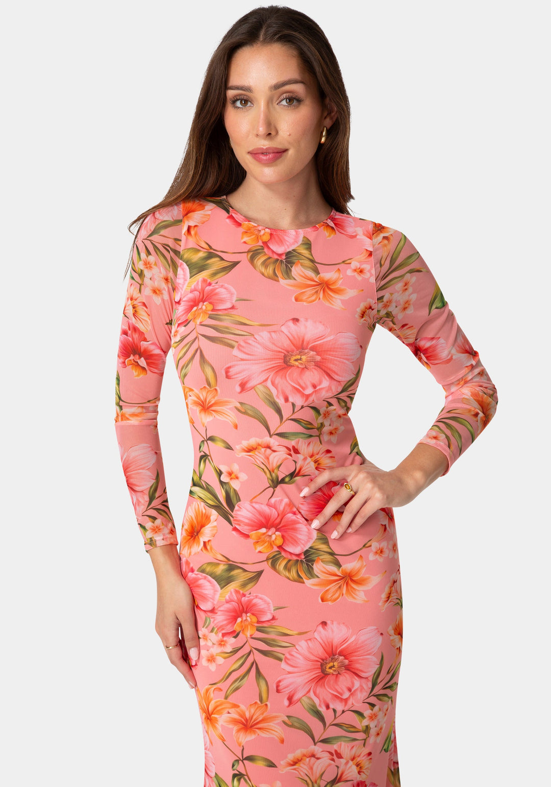Other View-Long Sleeve Mesh Maxi Dress-Pink/Orange