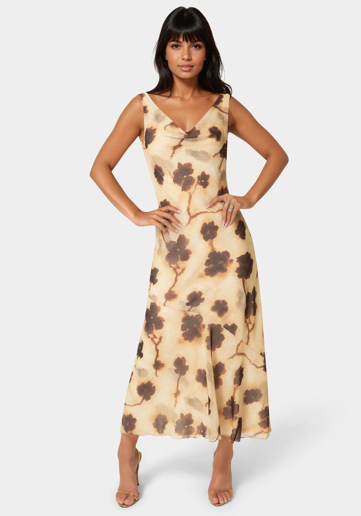 Front View-Printed Chiffon Cowl Maxi Dress-Brown Multi