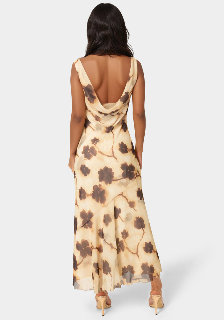 Back View-Printed Chiffon Cowl Maxi Dress-Brown Multi