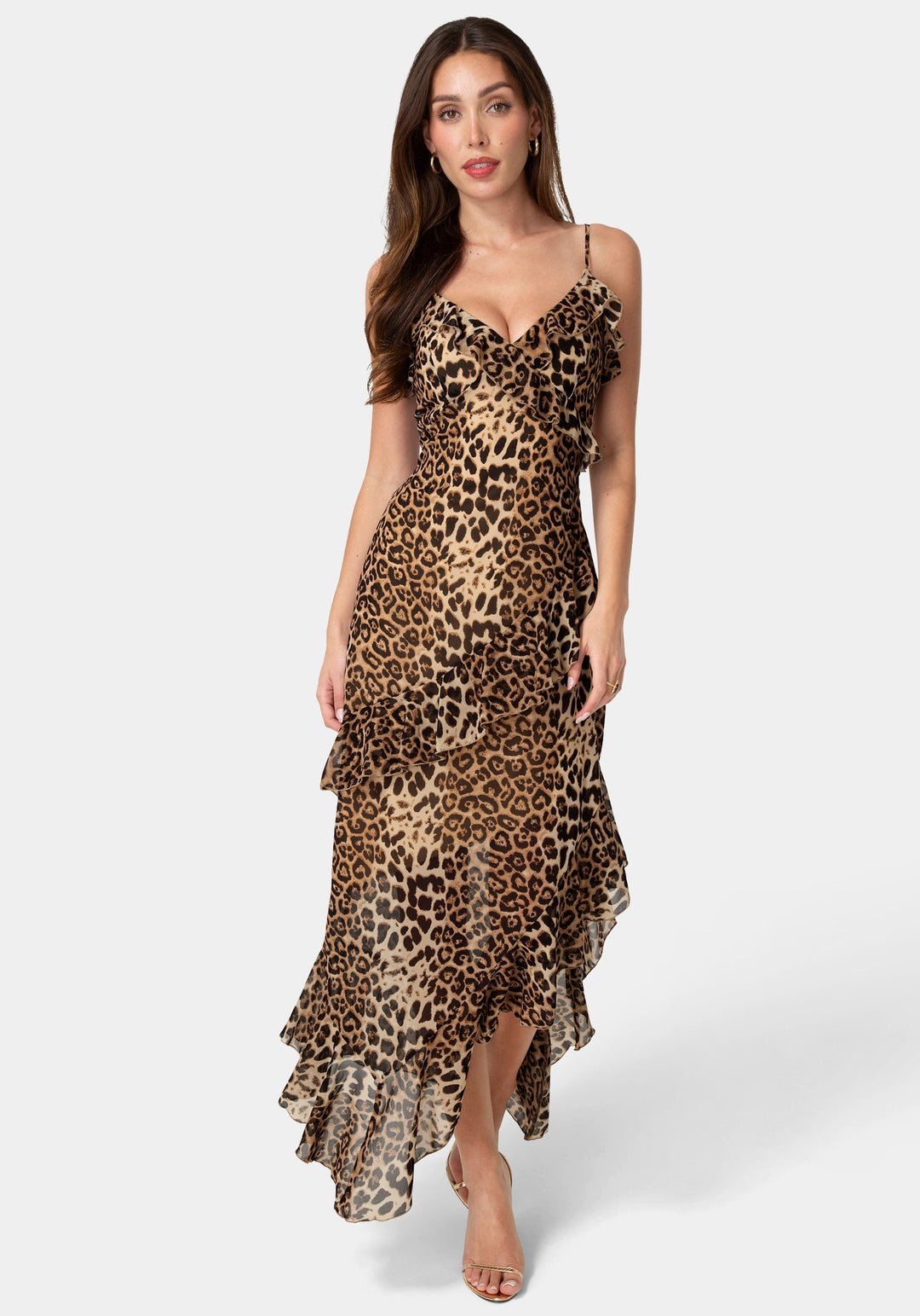 Front View-Ruffle Chiffon Midi Dress-Leopard