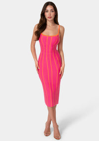 Front View-Striple Knit Bodycon Midi Dress-Orange/Fuchsia