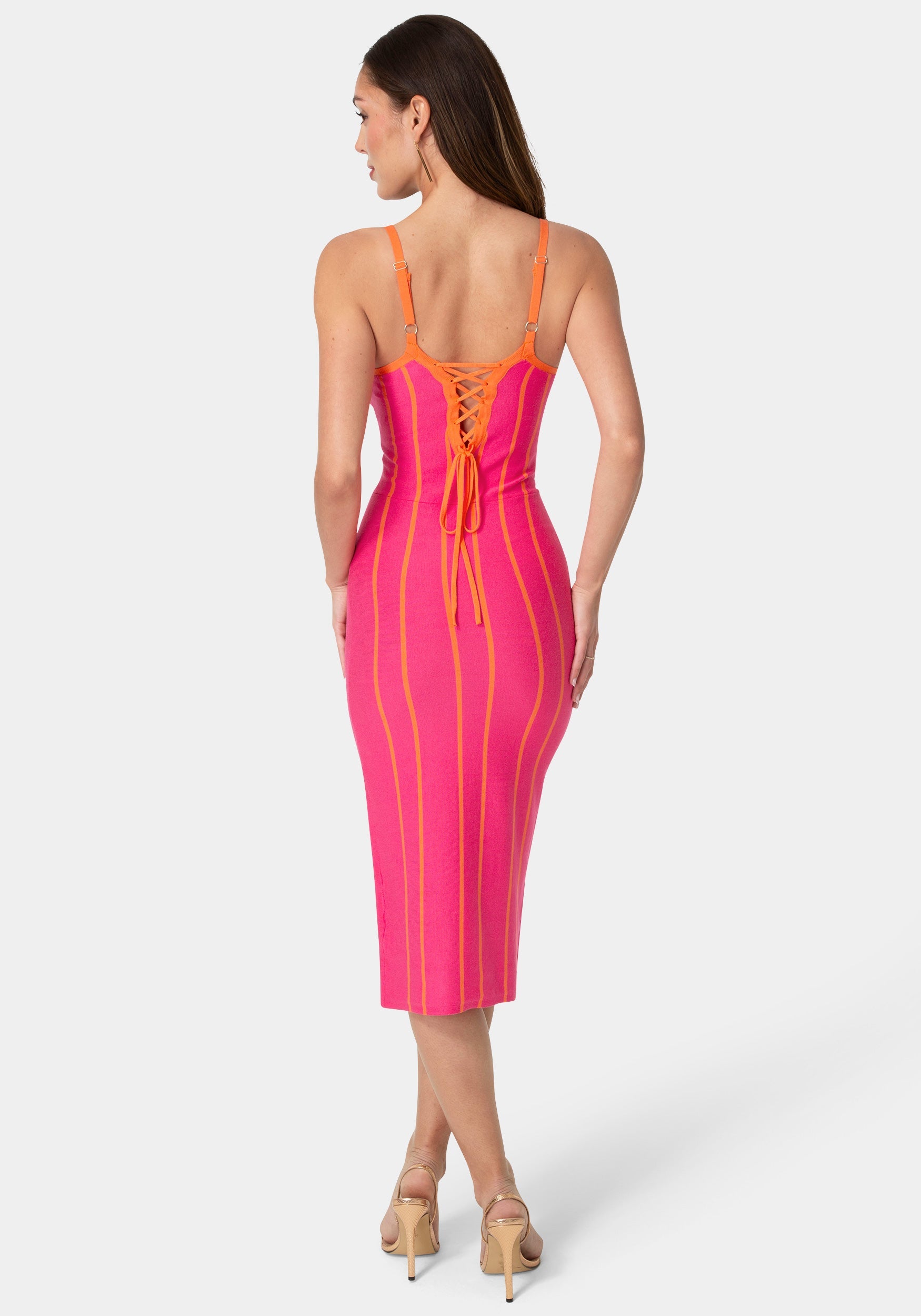 Back View-Striple Knit Bodycon Midi Dress-Orange/Fuchsia