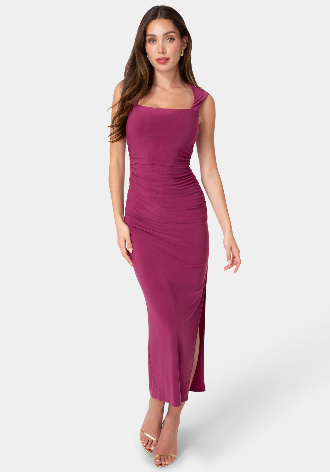 Front View-Square Neck High Slit Midi Dress-Magenta