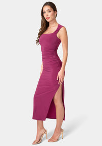 Side View-Square Neck High Slit Midi Dress-MAGENTA