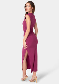 Back View-Square Neck High Slit Midi Dress-MAGENTA