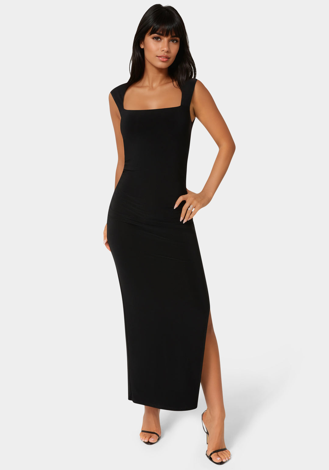 Front View-Square Neck High Slit Midi Dress-Black
