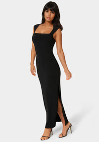Side View-Square Neck High Slit Midi Dress-Black