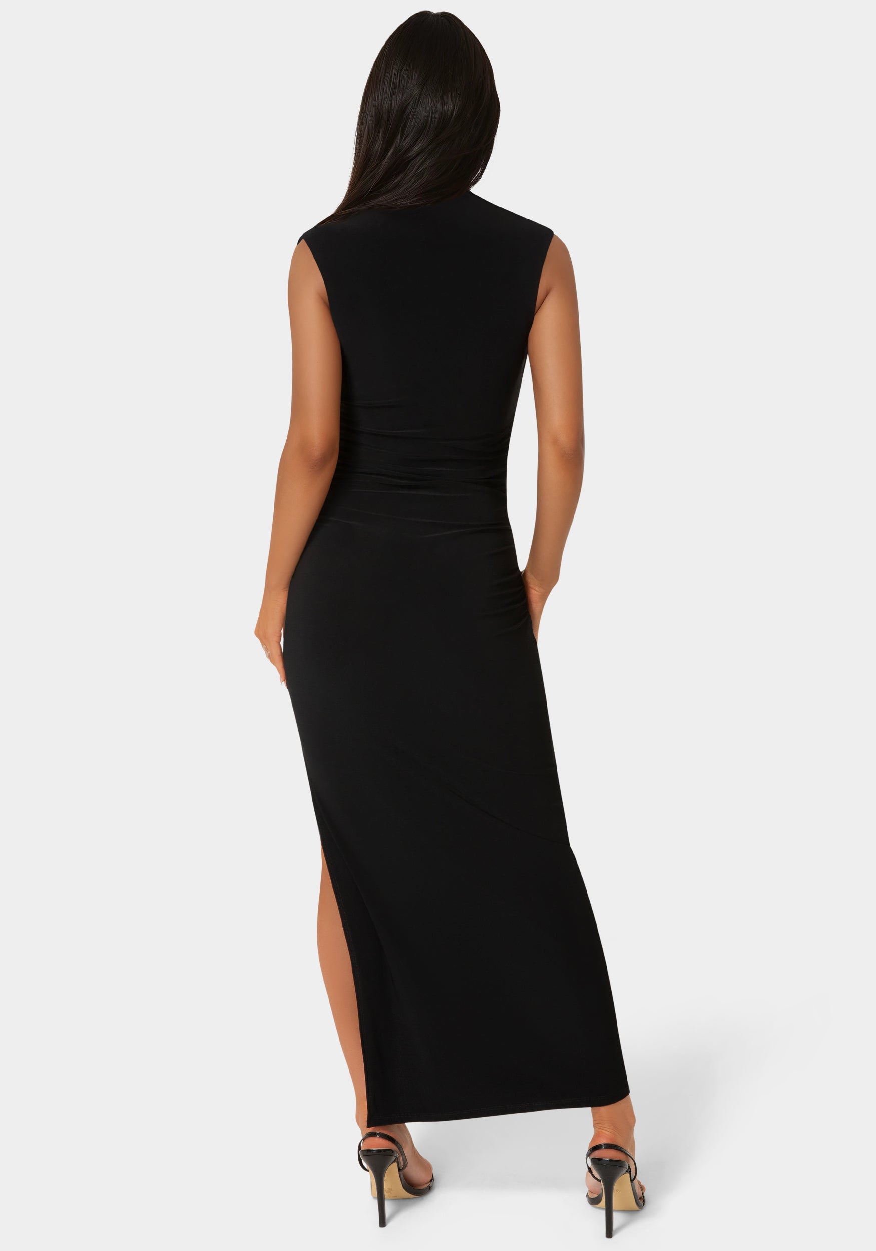 Back View-Square Neck High Slit Midi Dress-Black