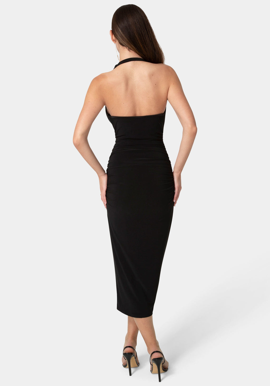 Back View-Sash Detail Cowl Neck Knit Dress-BLACK