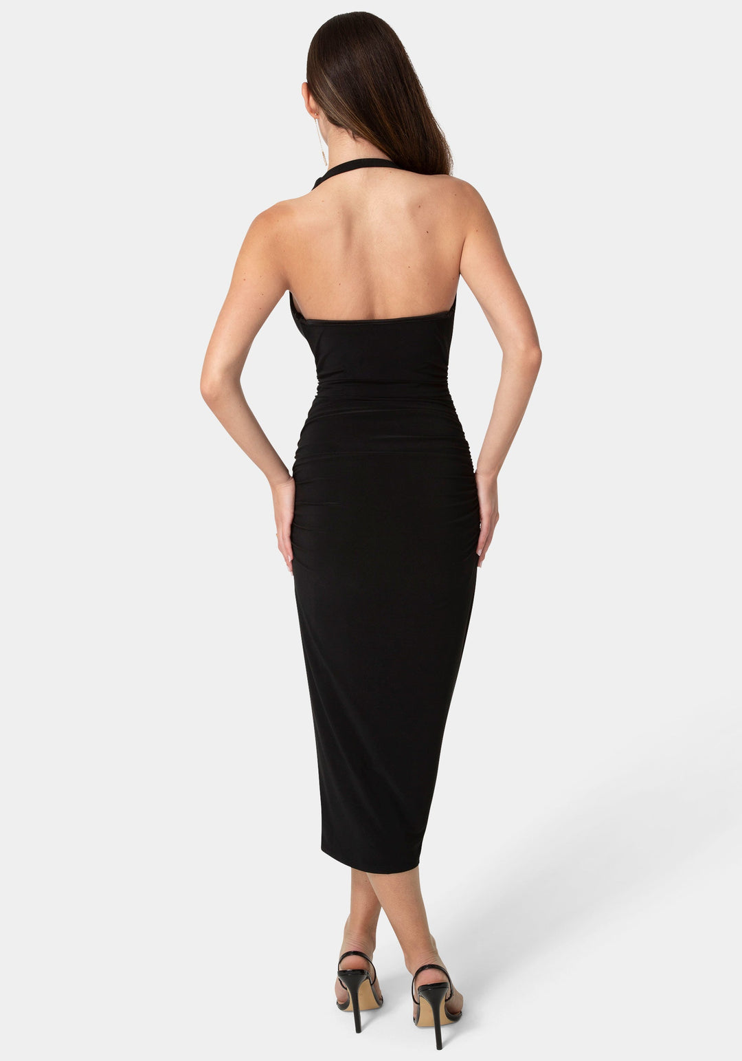 Back View-Sash Detail Cowl Neck Knit Dress-BLACK