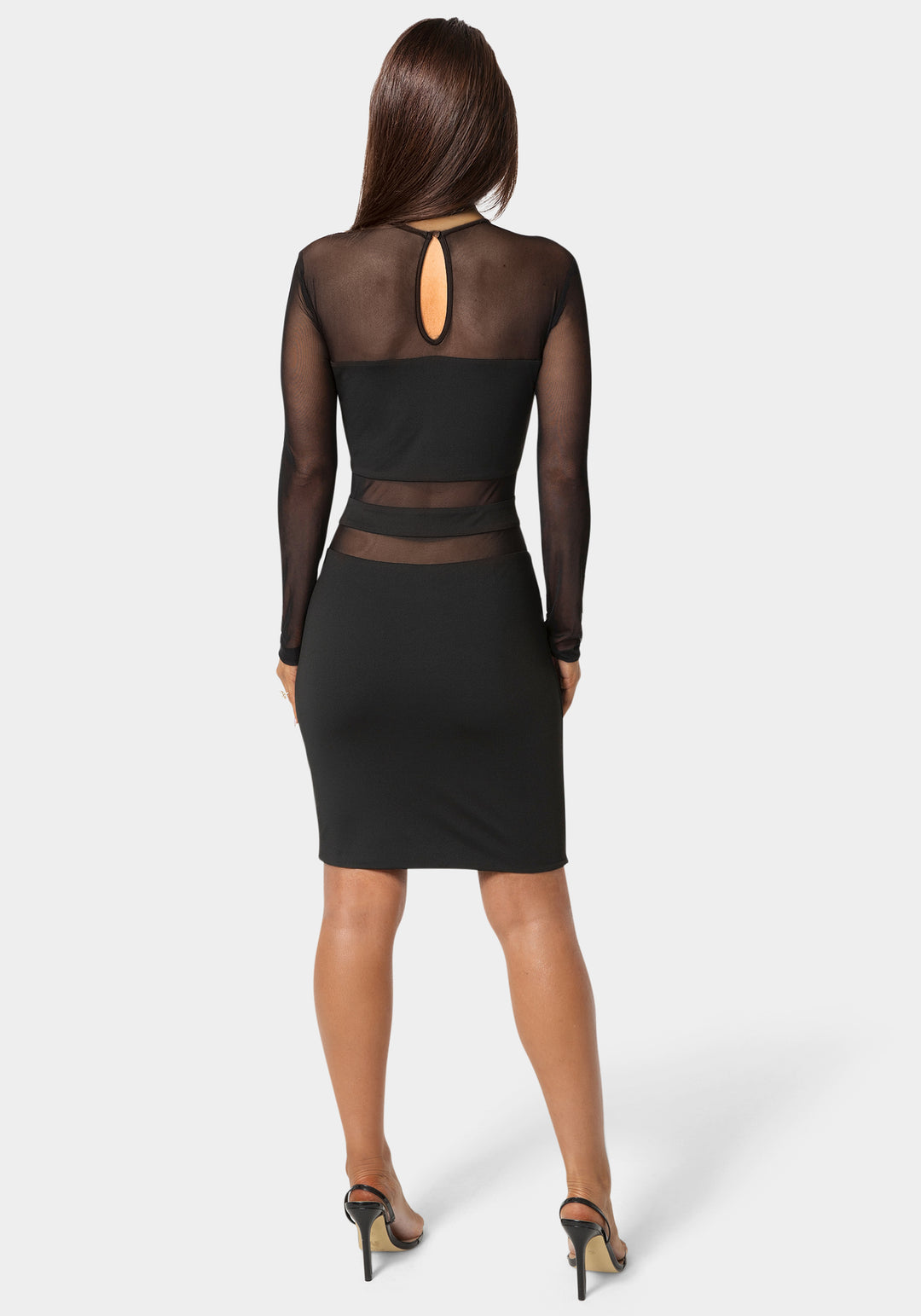 Back View-Illusion Mesh Mini Dress-Black
