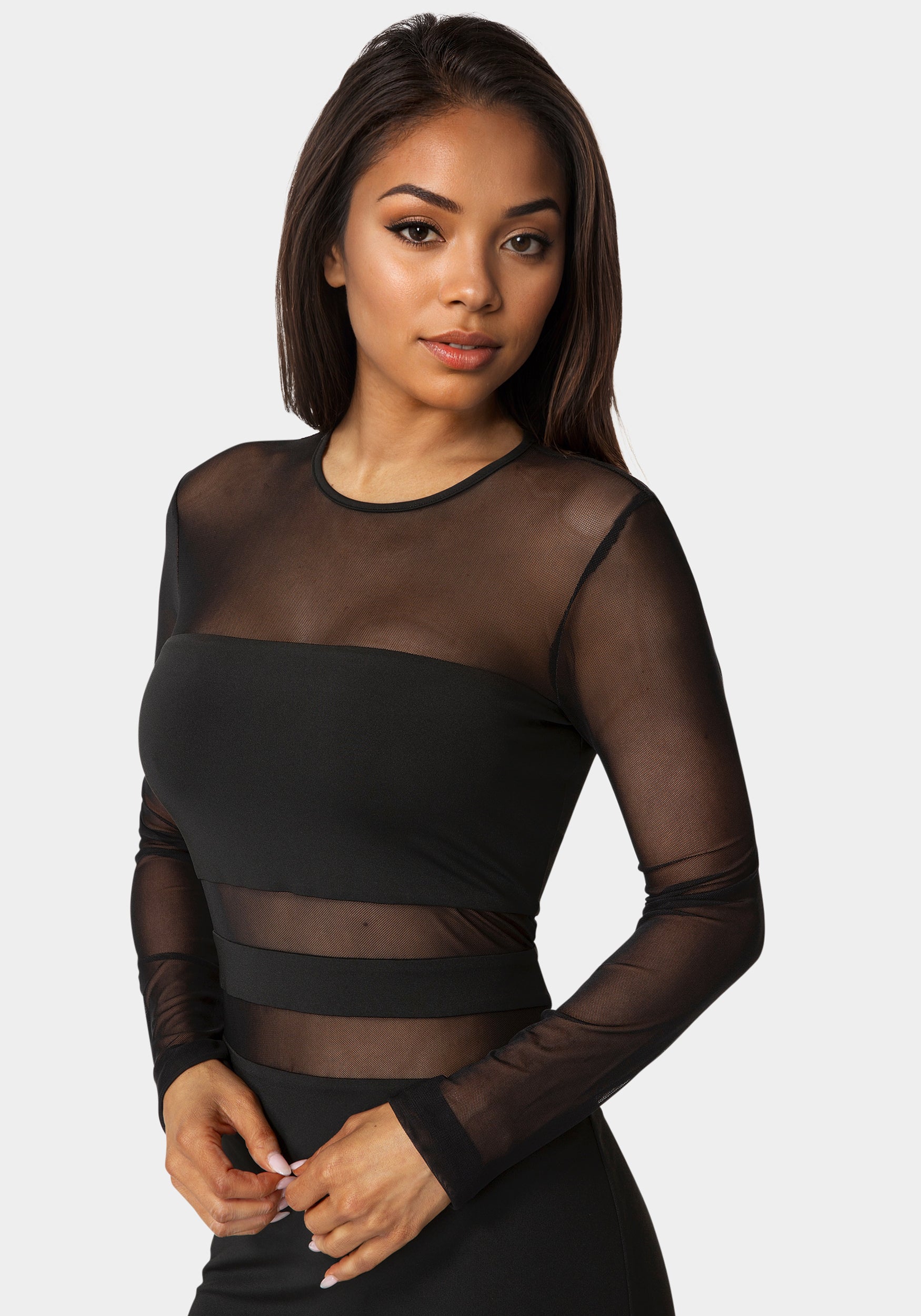 black mini dress mesh Women's Shape Black Mesh Insert Corseted Ruched Side Mini Dress