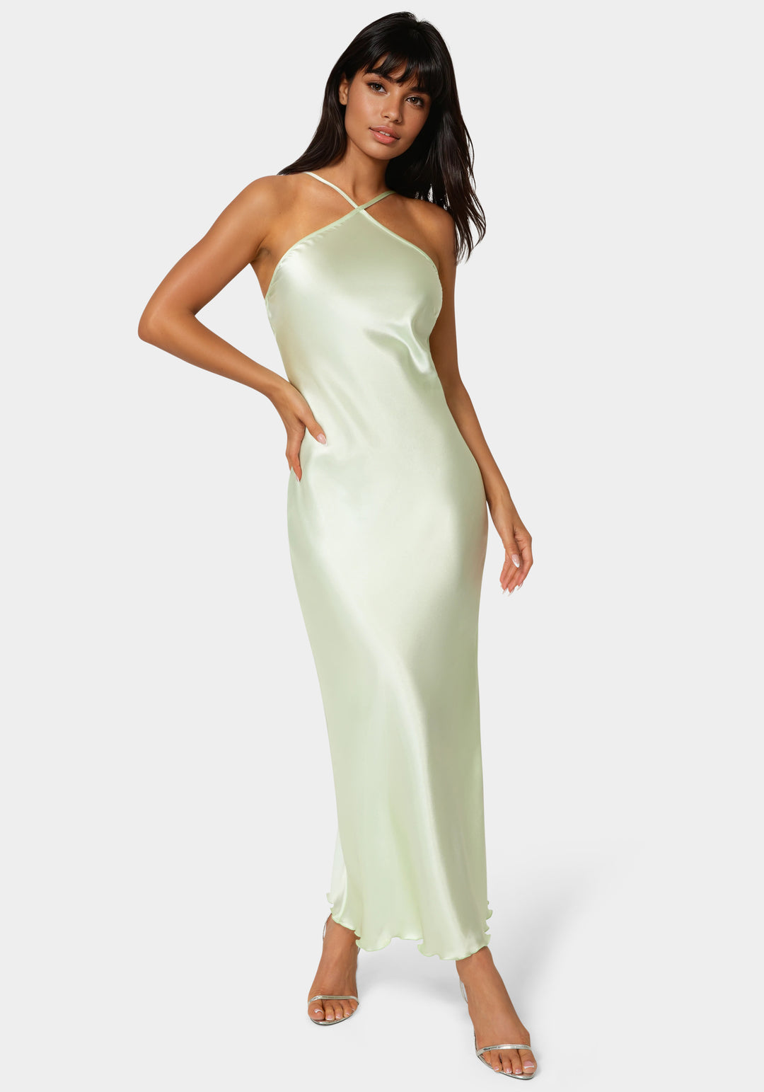 Front View-Halter Neck Satin Gown-Heather Sage