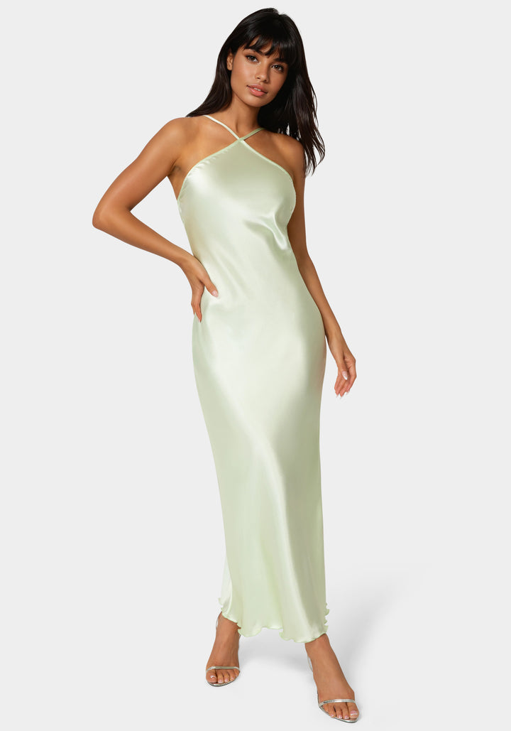 Front View-Halter Neck Satin Gown-Heather Sage