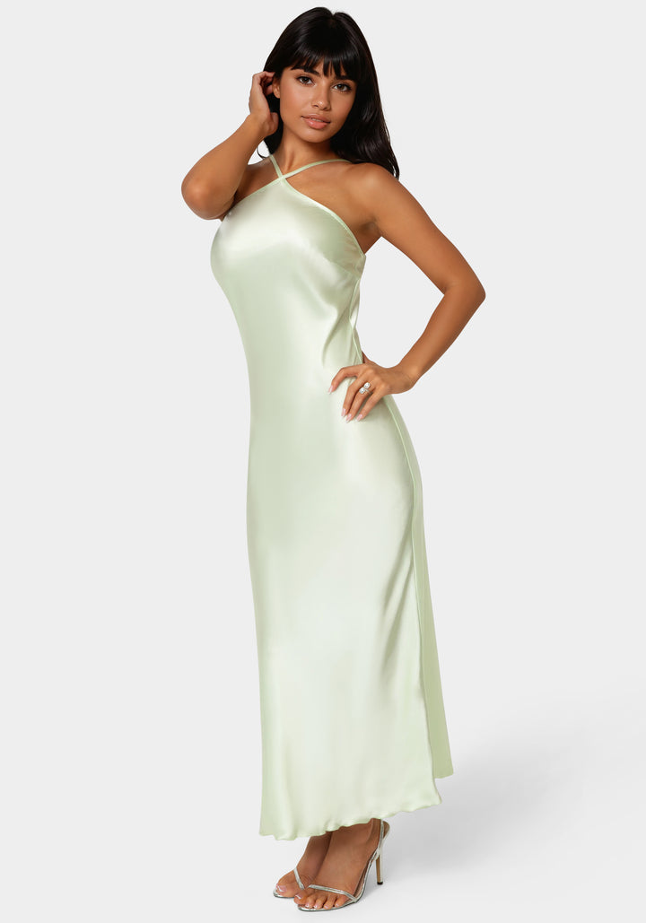 Side View-Halter Neck Satin Gown-Heather Sage