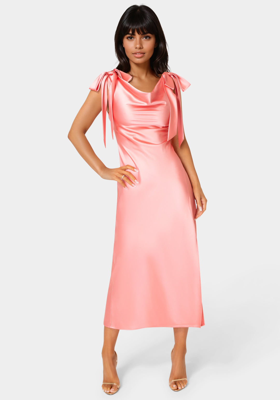 Front View-Bow Strap Satin Midi Dress-CORAL
