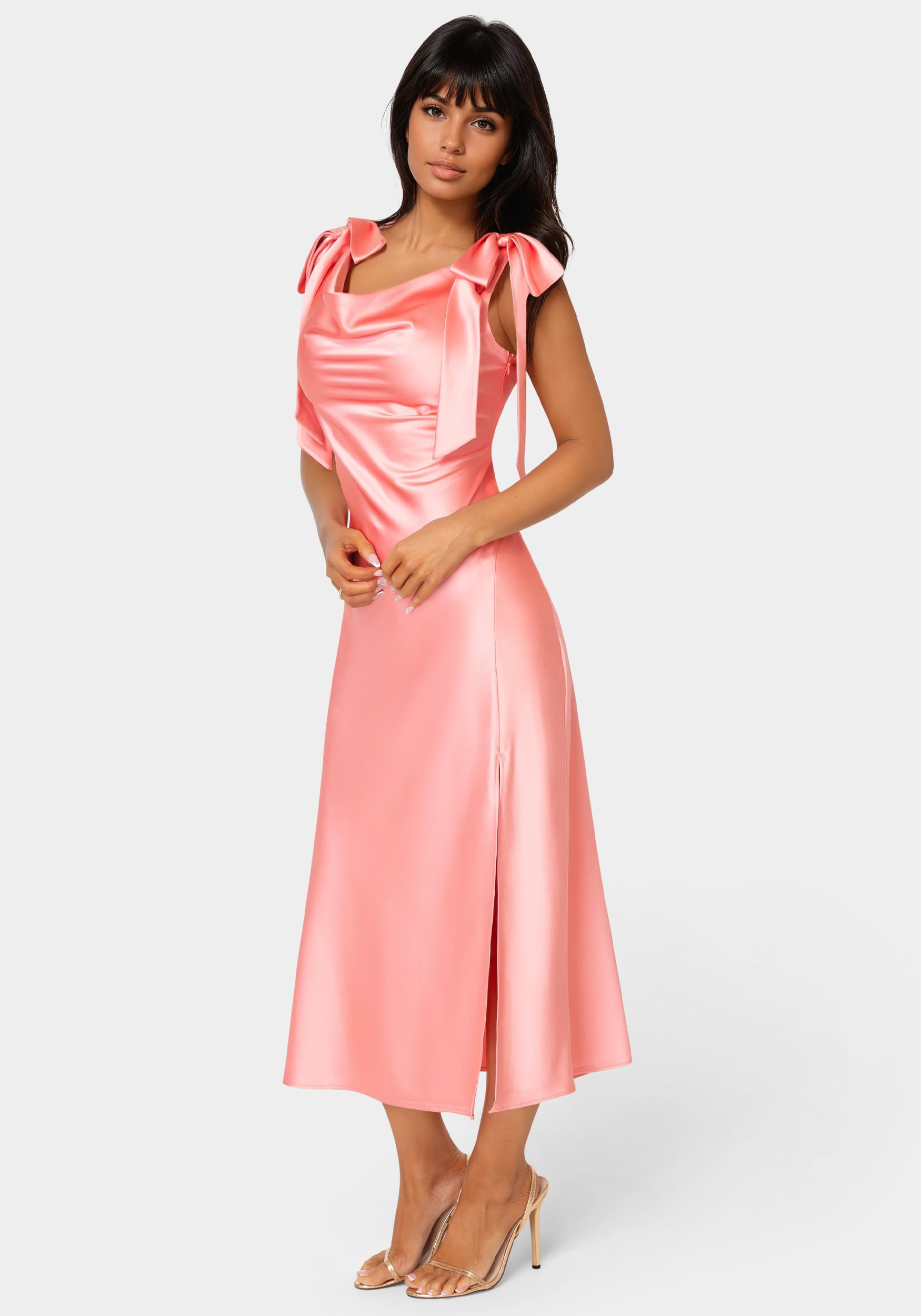 coral pink satin dress Coral pink satin dress with side sweep train for hire