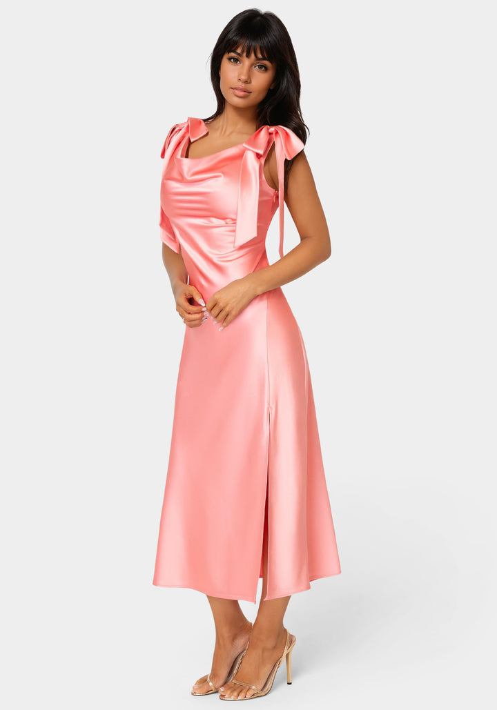 Side View-Bow Strap Satin Midi Dress-CORAL