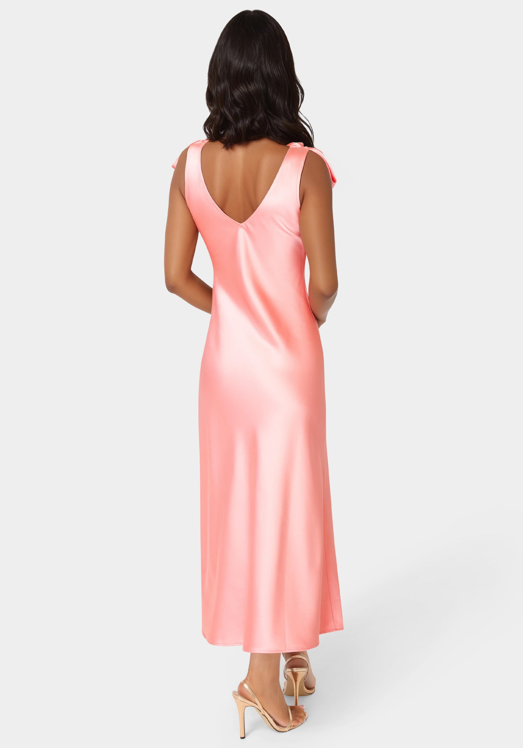 Back View-Bow Strap Satin Midi Dress-CORAL
