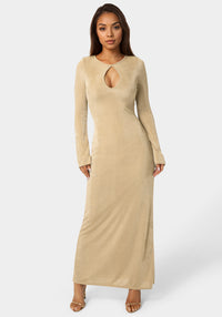 Bebe Women's Long Sleeve Open Neck Slinky Maxi Dress