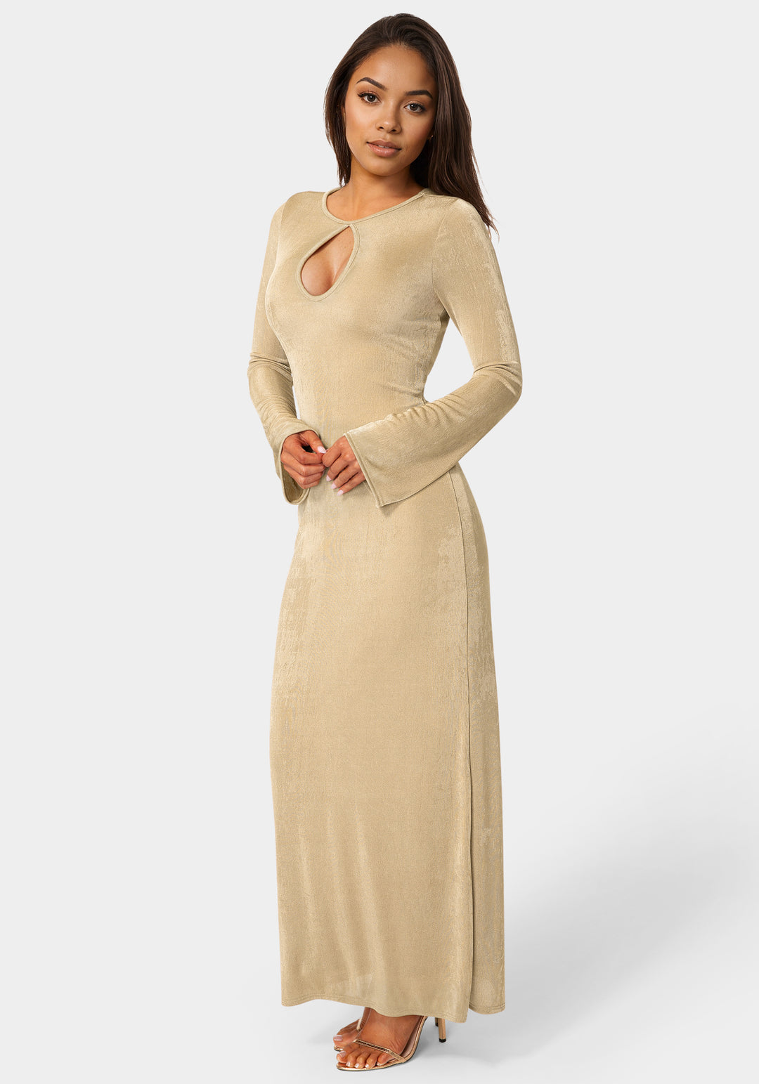Bebe Women's Long Sleeve Open Neck Slinky Maxi Dress - Nude Bebe Women's Long Sleeve Open Neck Slinky Maxi Dress - Nude