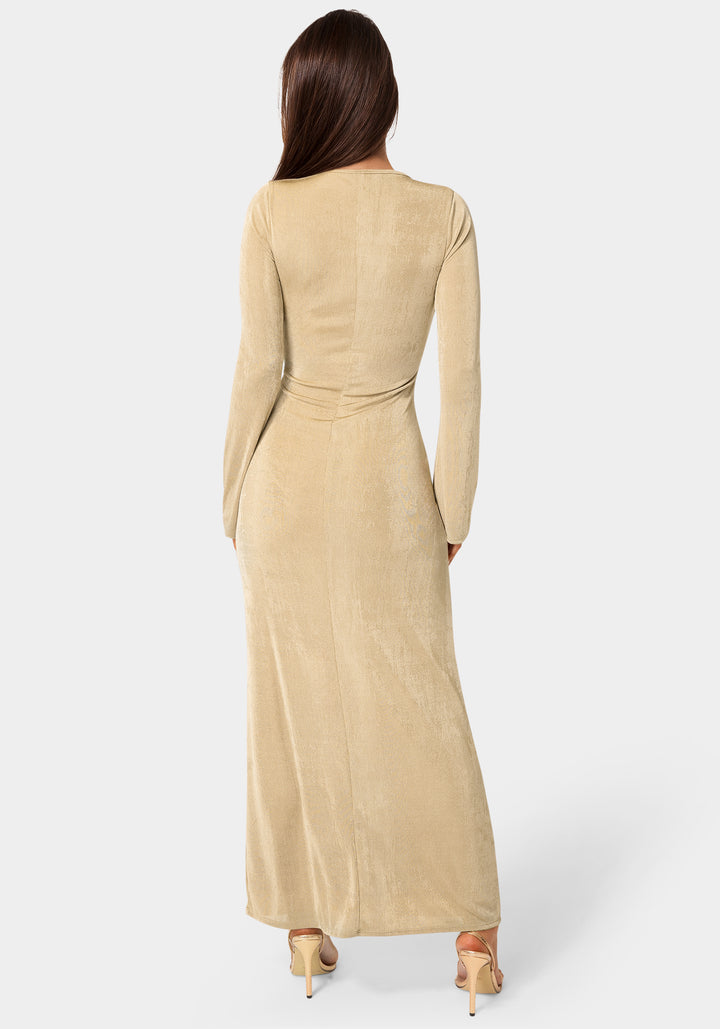 Back View-Long Sleeve Open Neck Slinky Maxi Dress-Nude