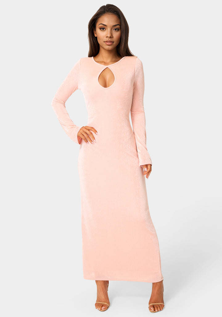 Front View-Long Sleeve Open Neck Slinky Maxi Dress-Rose